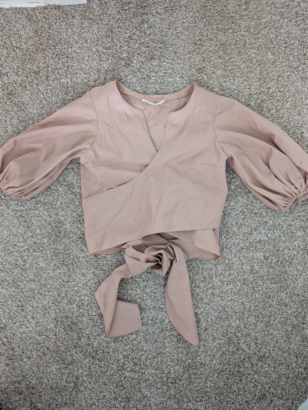 Amanda Uprichard Women’s Blush Tan Wrap Tie-Blouse With Puff Sleeve Sz S